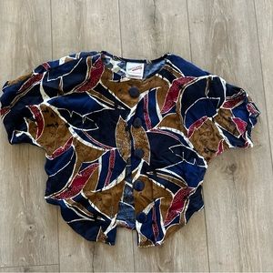 Vintage Britland Small Blouse Floral Black Crop Top Button Front Shirt Navy Gold